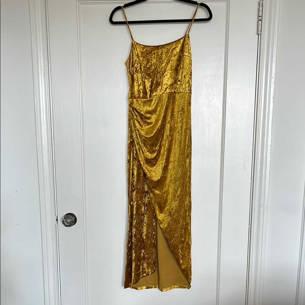 SAYLOR Golden Velvet Draped Midi Dress
